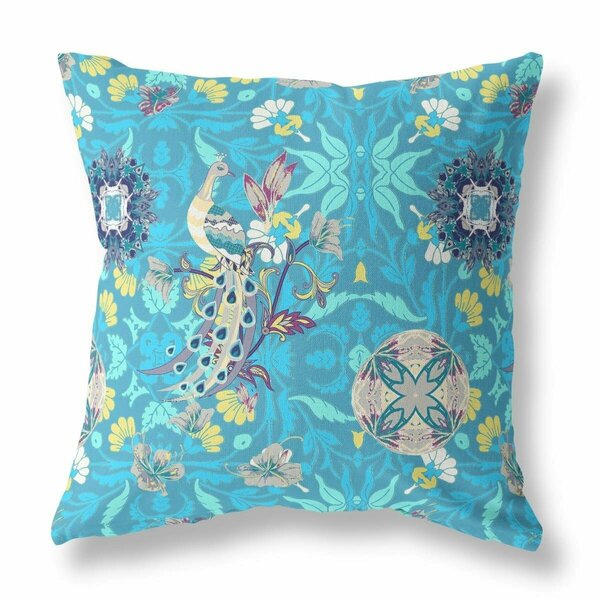 Homeroots 26 in. Peacock Indoor & Outdoor Zip Throw Pillow Blue & Turquoise 411353